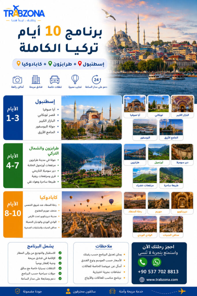 أجمل 18 مدينة سياحية في تركيا 2026 — دليلك الكامل لاختيار وجهتك 21 برنامج 10 أيام — تركيا الكاملة (إسطنبول + طرابزون + كابادوكيا)