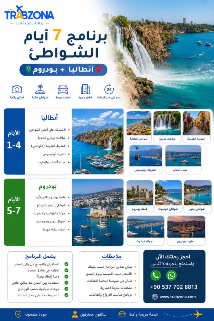 أجمل 18 مدينة سياحية في تركيا 2026 — دليلك الكامل لاختيار وجهتك 22 برنامج 7 أيام — الشواطئ (أنطاليا + بودروم)